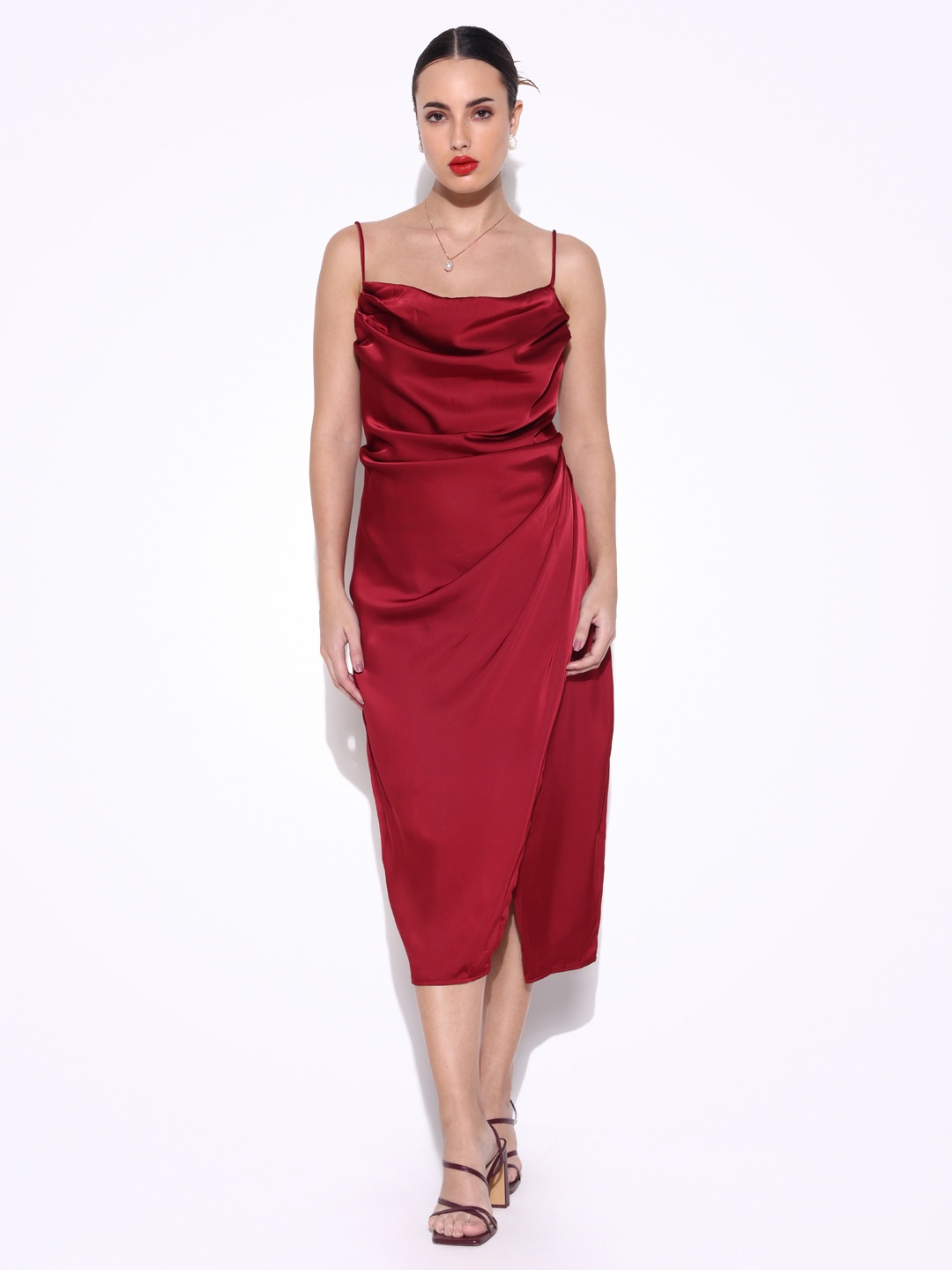 

SHOWOFF Cowl Neck Satin Sheath Midi Dress, Maroon