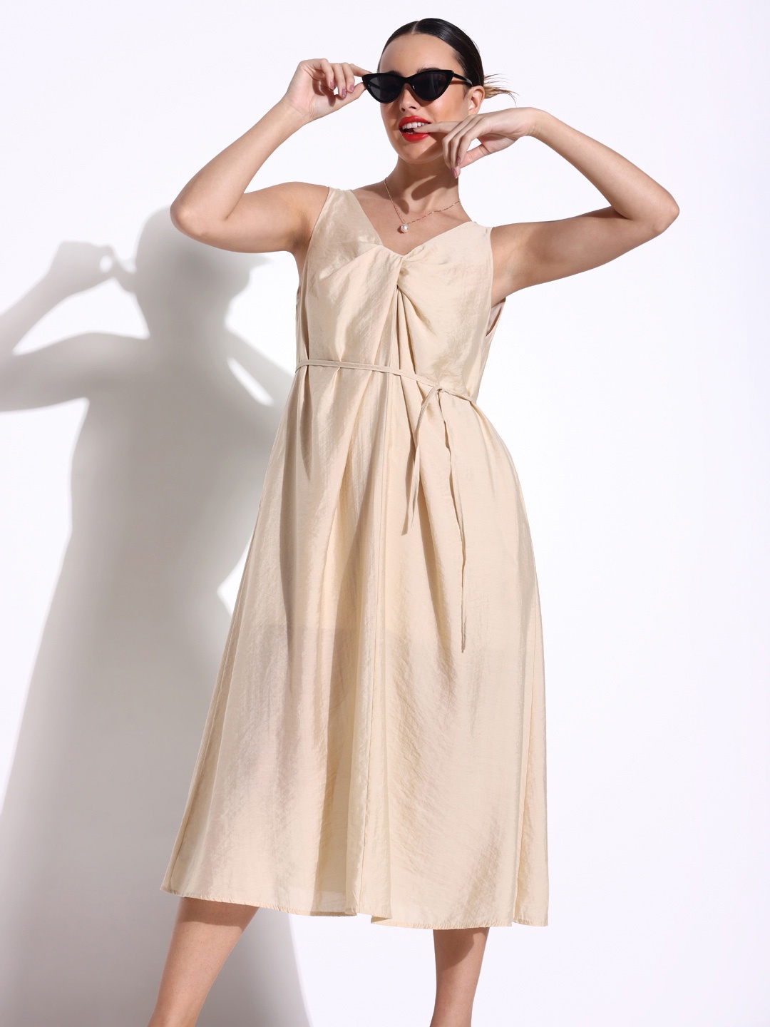 

SHOWOFF V-Neck Cotton A-Line Midi Dress, Beige