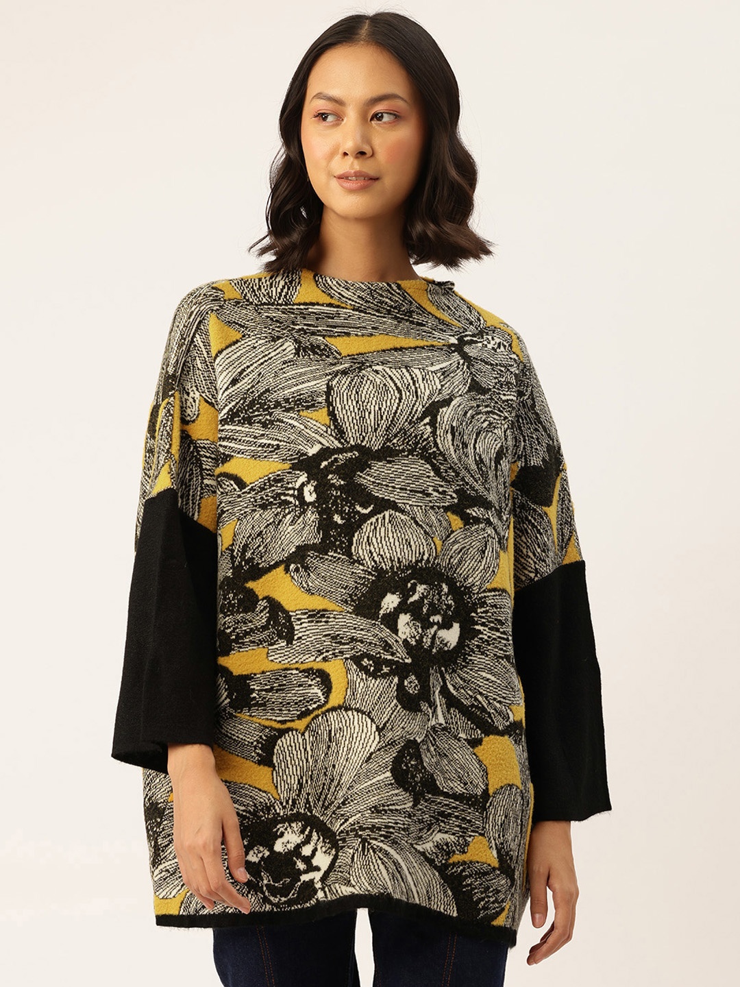 

APSLEY Self-Design Floral Pullover Sweater, Mustard