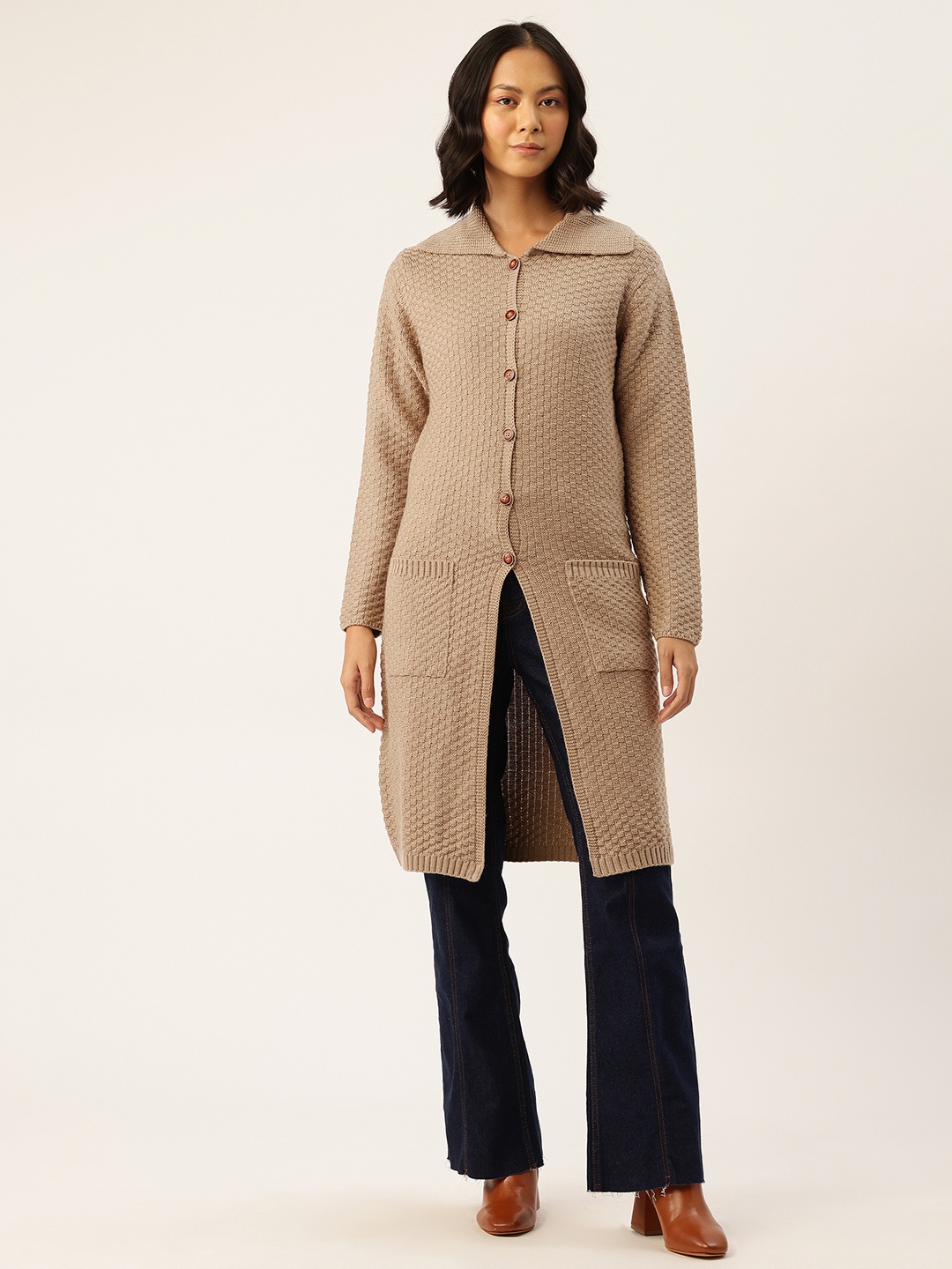 

APSLEY Self-Design Checked Front Open Sweater, Camel brown