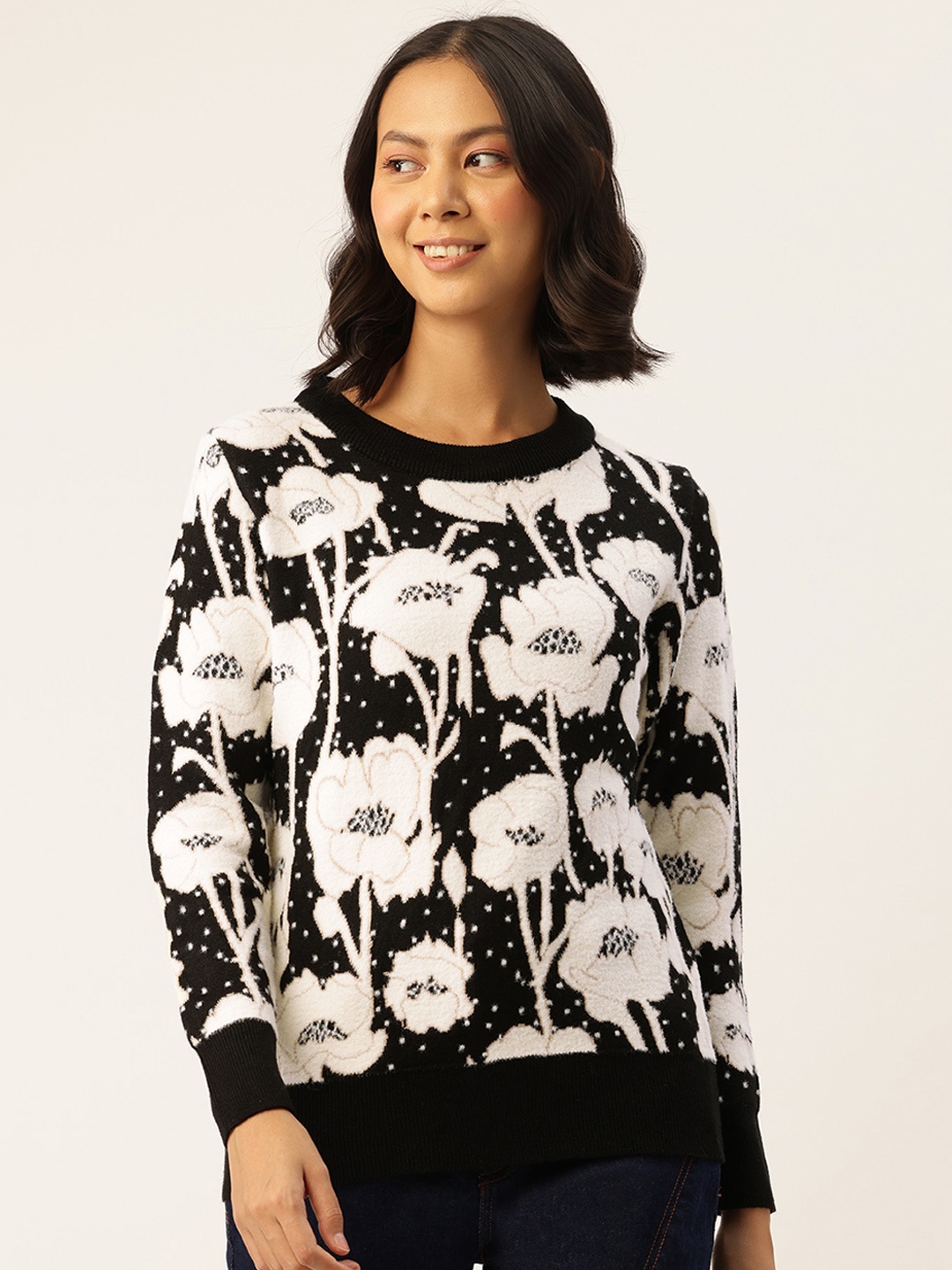 

APSLEY Self-Design Floral Pullover Sweater, Black