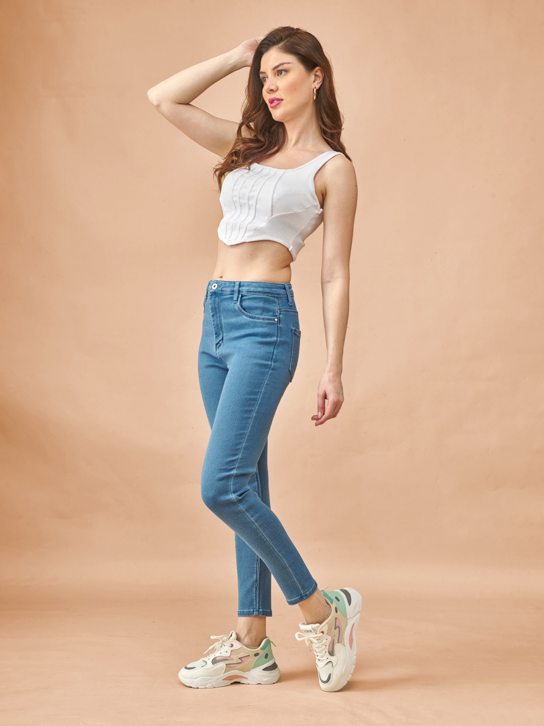 

LYRA Women Tapered Fit High-Rise Cotton Stretchable Jeans, Blue