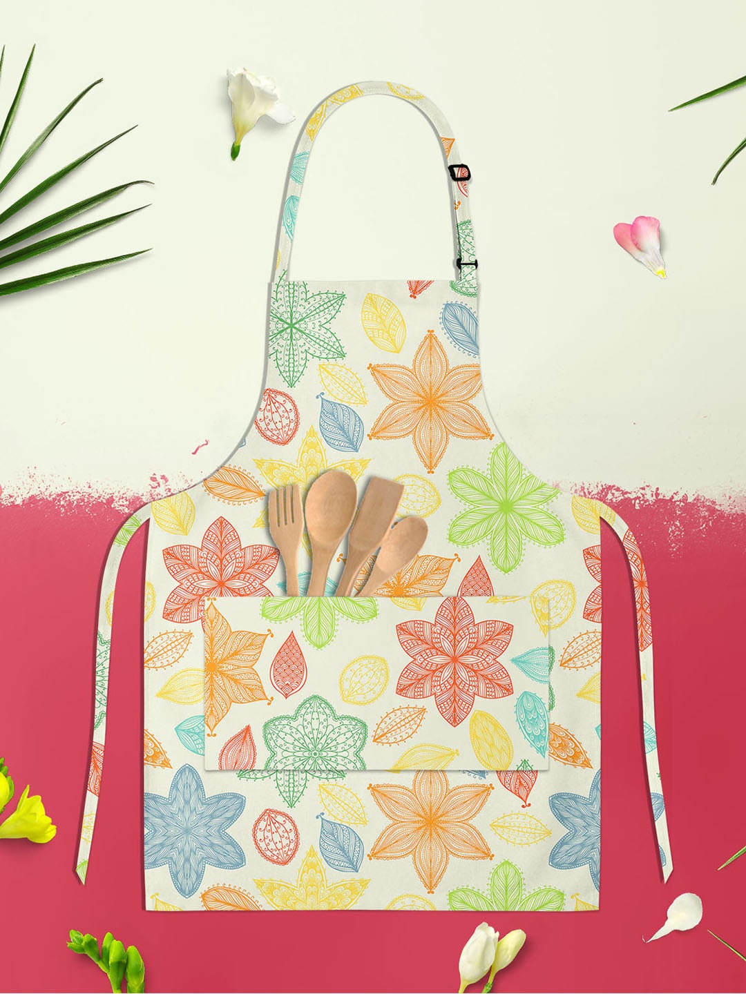 ArtzFolio Ornate Leaves & Flowers Kids Cream-Colored & Red Printed Cotton Apron