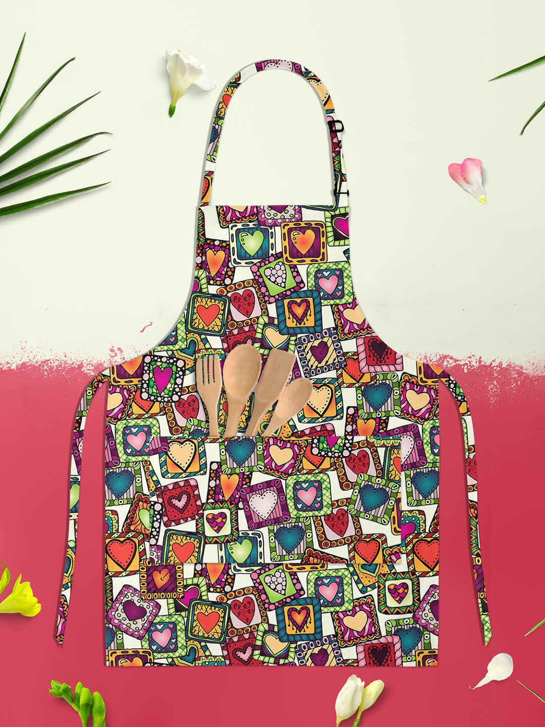 

ArtzFolio Doodle Hearts D2 Green & Purple Printed Cotton Neck To Knee Apron