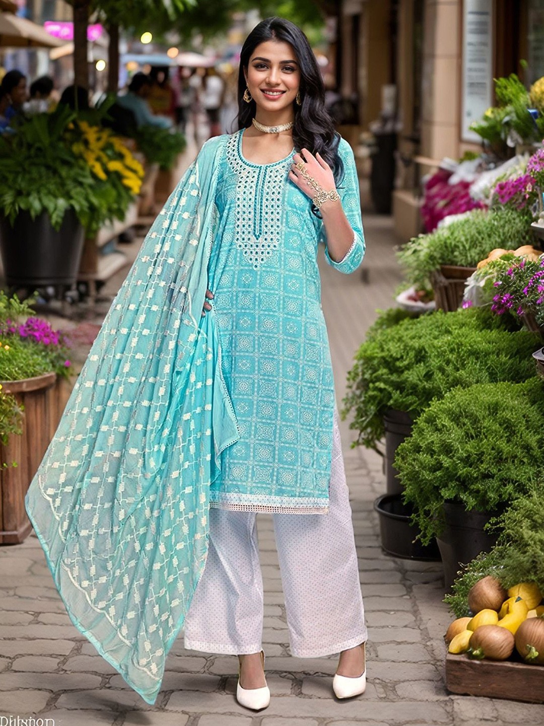 

Anouk Blue Ethnic Motifs Printed Sequinned Straight Kurta With Trouser & Dupatta