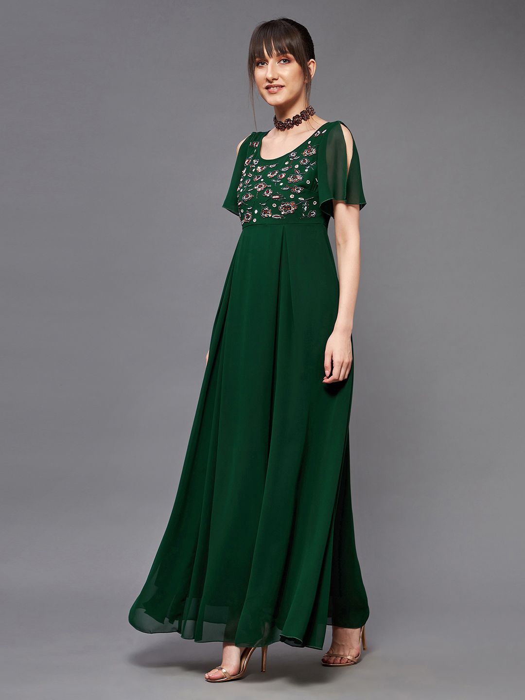

Miss Chase Embroidered Cold-Shoulder Sleeves Georgette Maxi Dress, Green