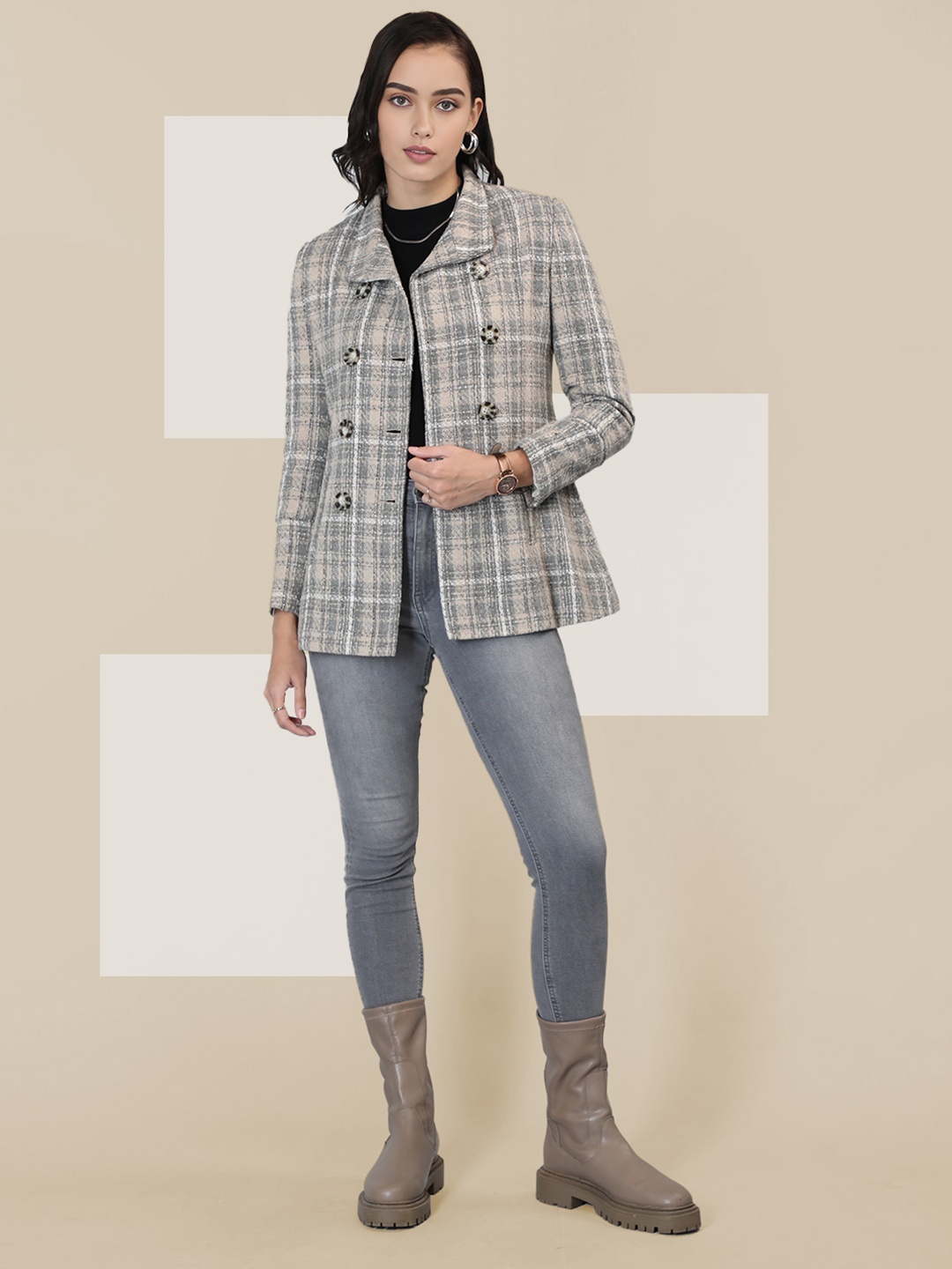 

The Roadster Lifestyle Co Checked Double Breasted Spread Collar Coat, Cream