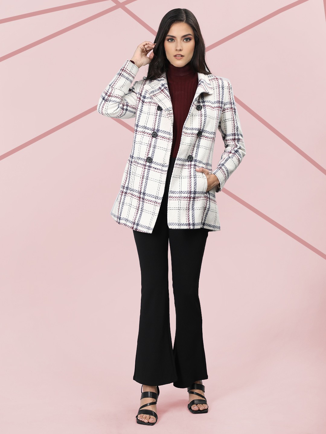 

The Roadster Lifestyle Co Women Checked Double-Breasted Winter Overcoat, Off white