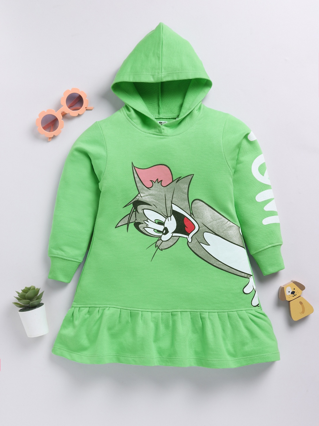 

YK X Minute Mirth Girls Tom and Jerry Printed A-Line Hooded Dress, Sea green