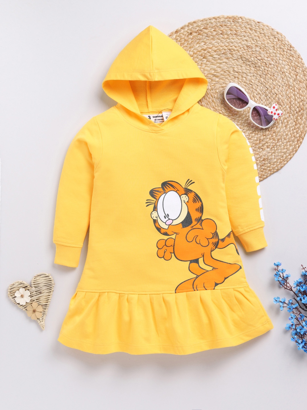 

YK X Minute Mirth Girls Garfield Printed A-Line Hooded Dress, Yellow