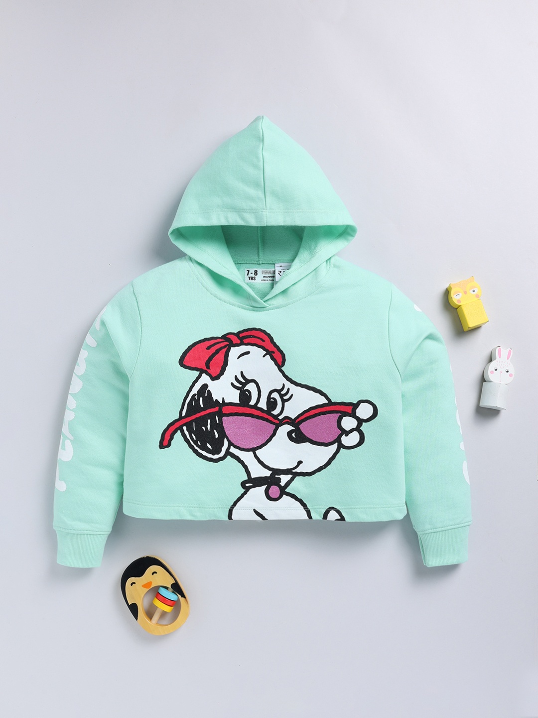 

YK X Minute Mirth Girls Snoopy Printed Hooded Sweatshirt, Sea green