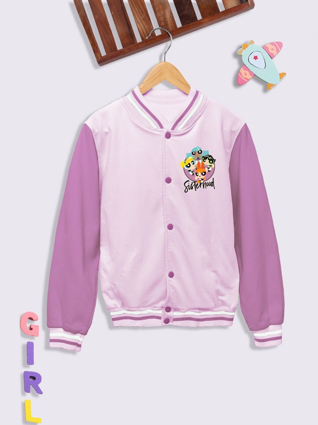 

YK X Minute Mirth Girls Powerpuff Girls Printed Varsity Jacket, Mauve