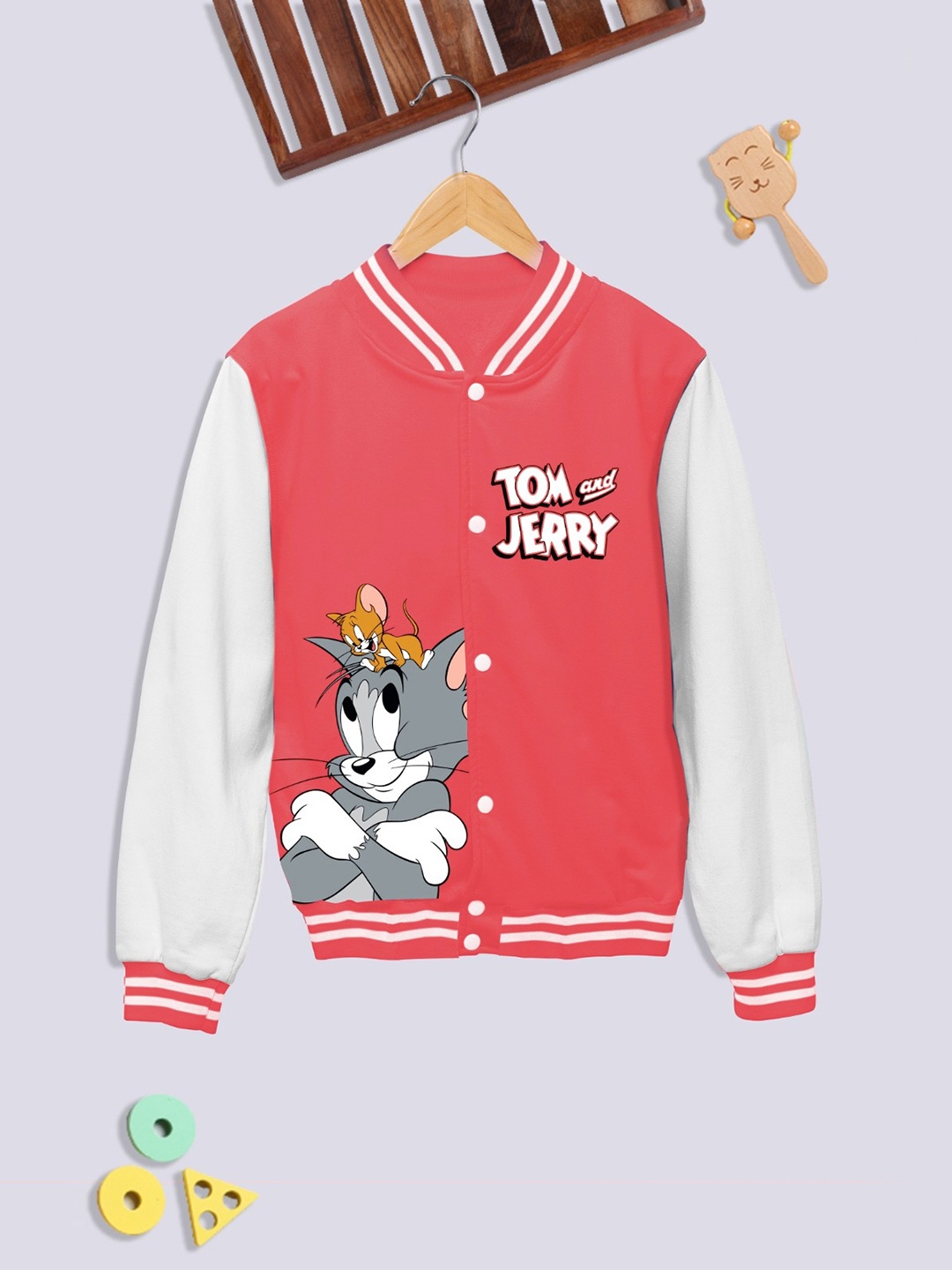 

YK X Minute Mirth Girls Tom & Jerry Printed Varsity Jacket, Coral