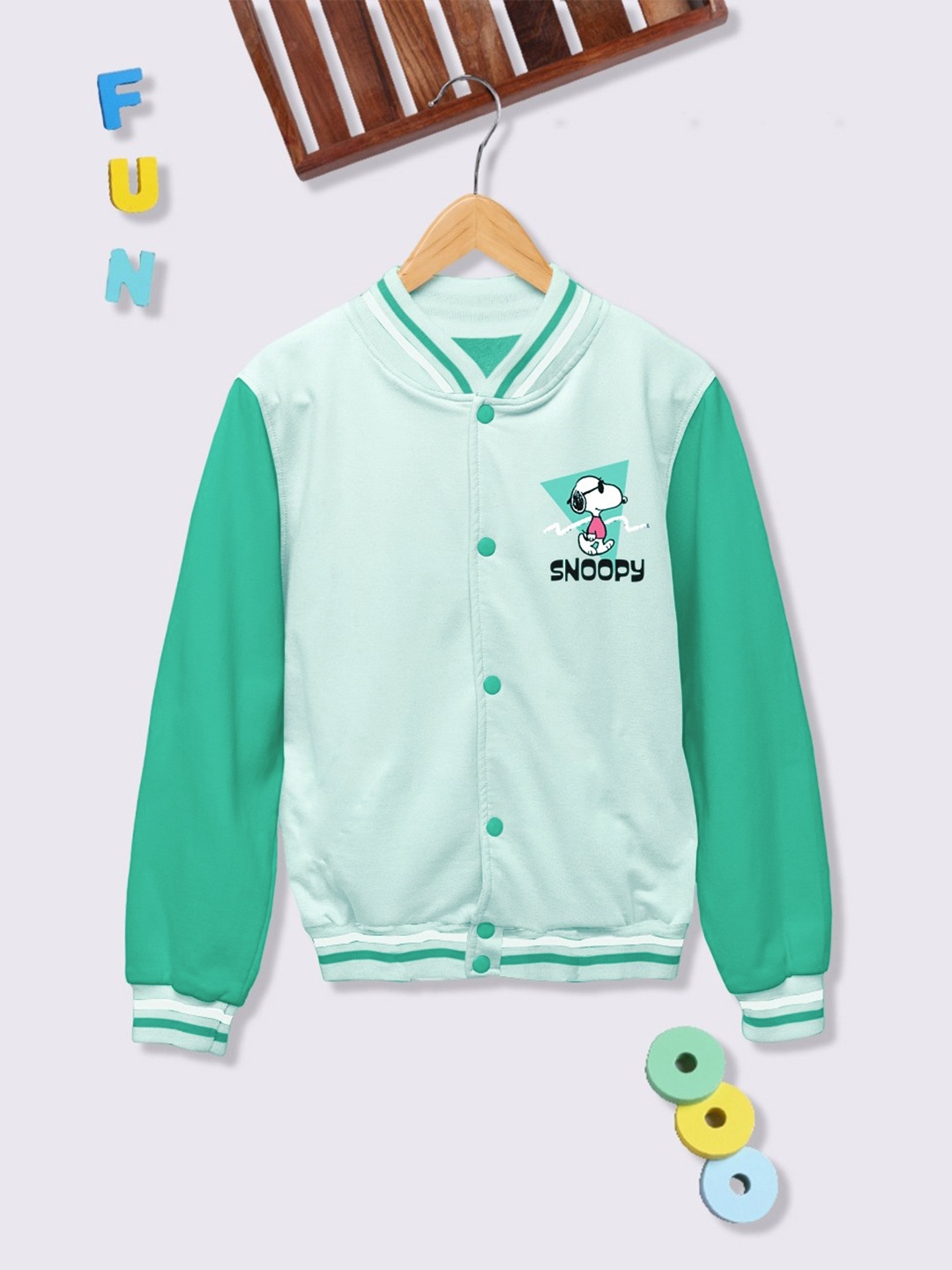 

YK X Minute Mirth Girls Snoopy Printed Varsity Jacket, Sea green