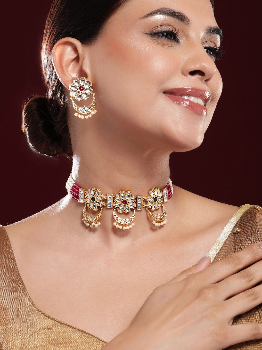 

Rubans 22K Gold-Plated Ruby,Emerald,Kundan & Floral MultiStrand Choker Set with Pearl Drop