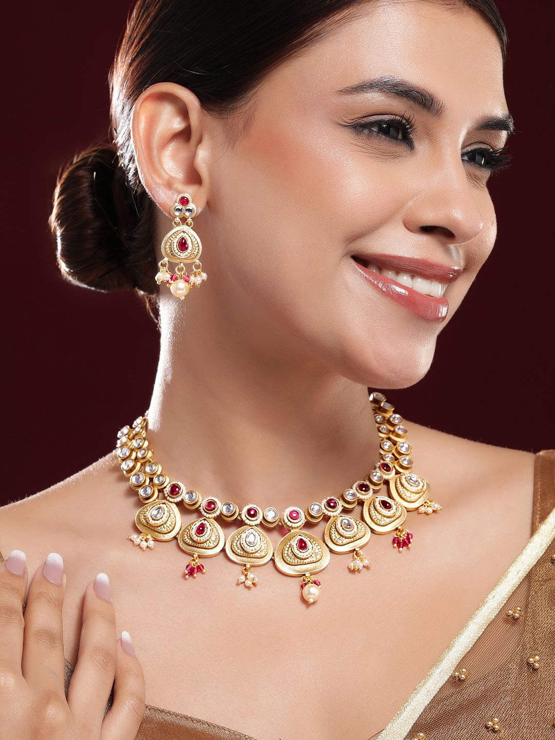 

Rubans 22K Gold-Plated Ruby Pink Kundan Studded Traditional Necklace Set with Pearl Drops