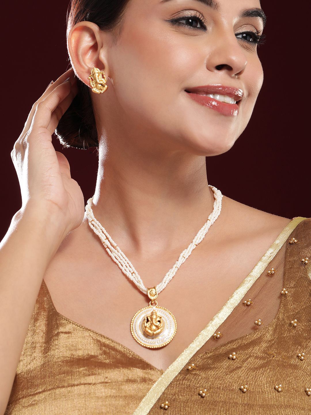 

Rubans 24K Gold-Plated Divine Ganesh Motif Pearl Studded & Beaded MultiStrand Necklace Set
