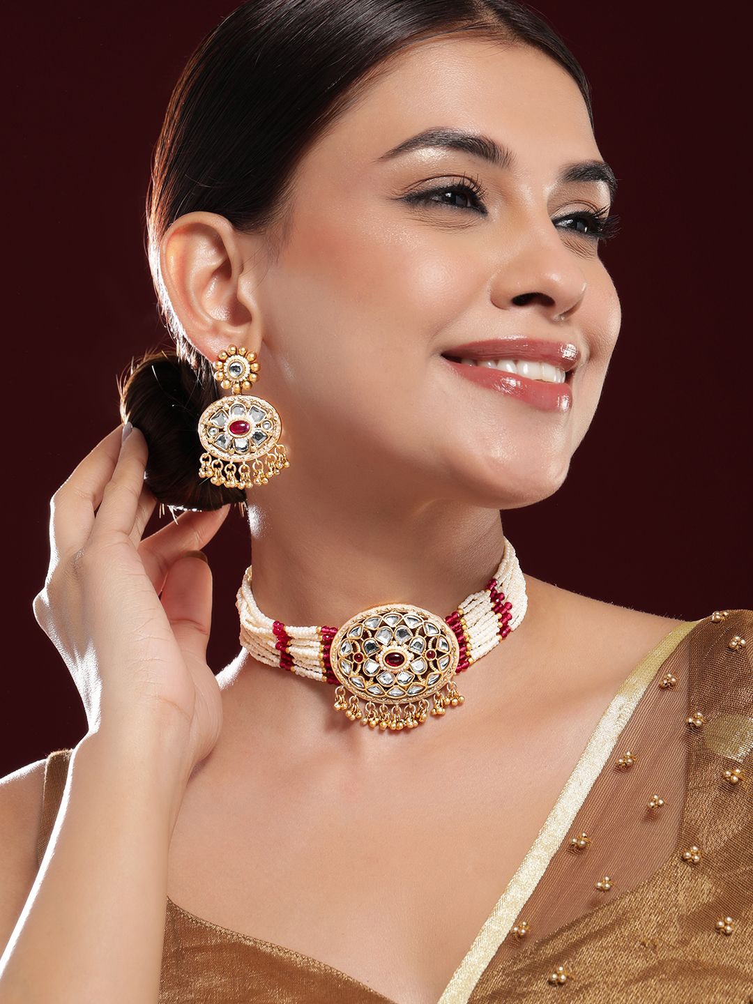 

Rubans 22K Gold-Plated Kundan & Ruby Accents Multi-Strand Pearl Beaded Choker Necklace Set