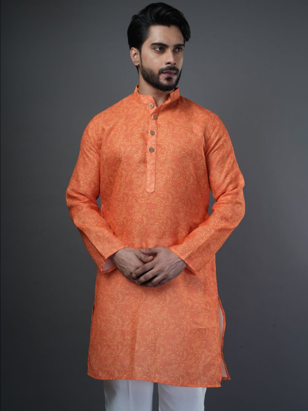 

ARYA Mandarin Collar Abstract Printed Linen Straight Kurta, Orange