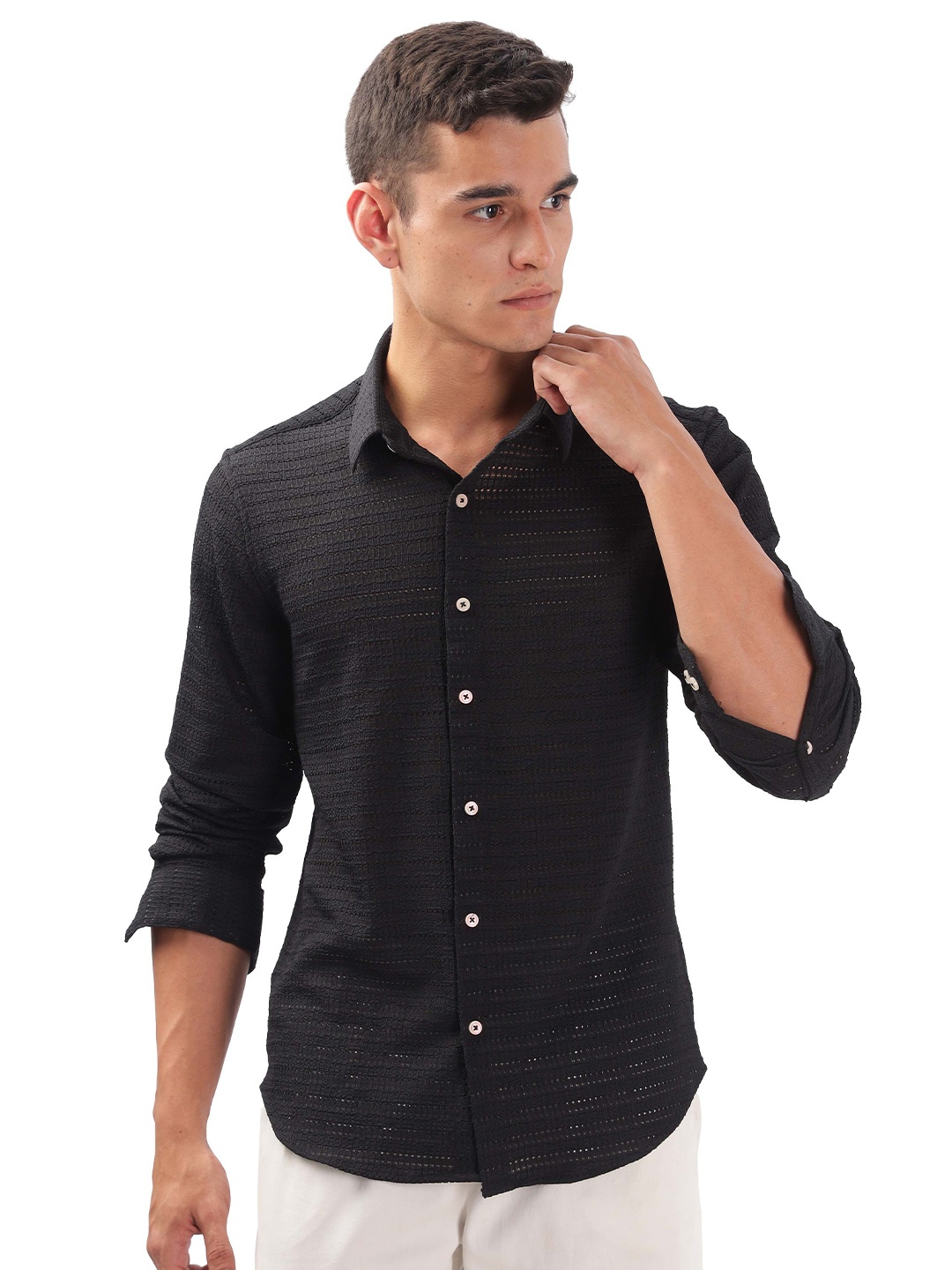 

ilyzly Men Standard Spread Collar Solid Cotton Casual Shirt, Black