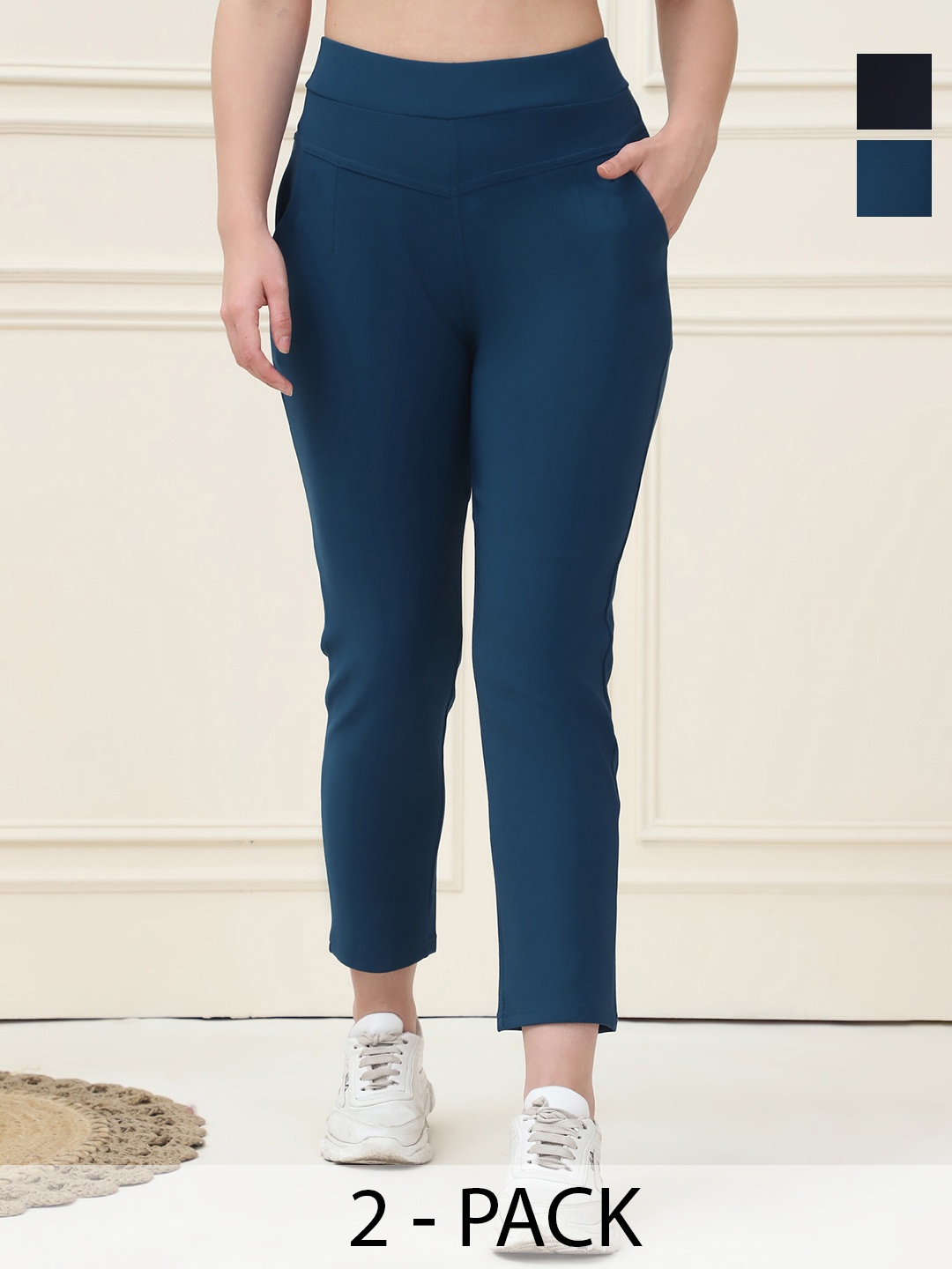 

Jinfo Women Pack of 2 Skinny Fit Slip On Jeggings, Navy blue