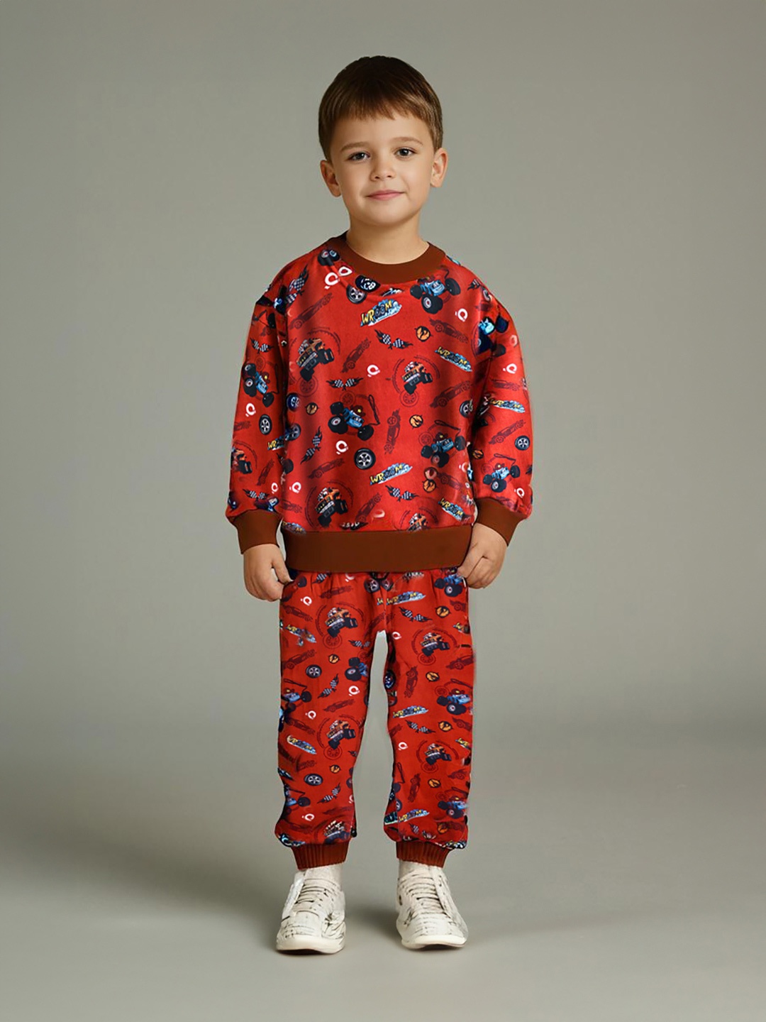 

Whistle & Hops Boys Printed Round Neck Long Sleeves Pure Cotton Sweatshirt With Jogger, Red