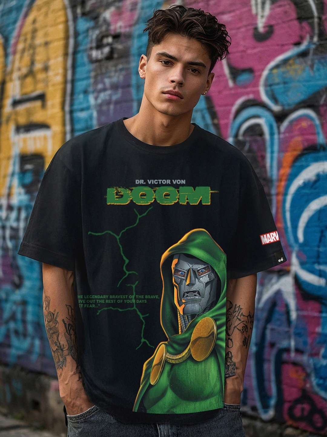 

Bewakoof Men Graphic Printed Round Neck Pure Cotton Oversized Marvel T-shirt, Black