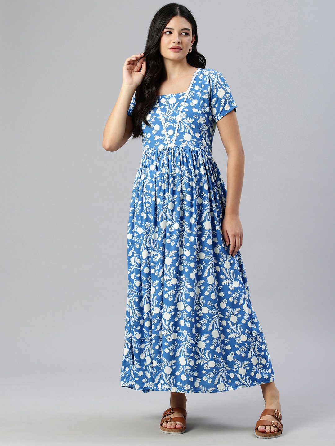 

Swishchick Floral Print Maternity Fit & Flare Maxi Dress, Blue