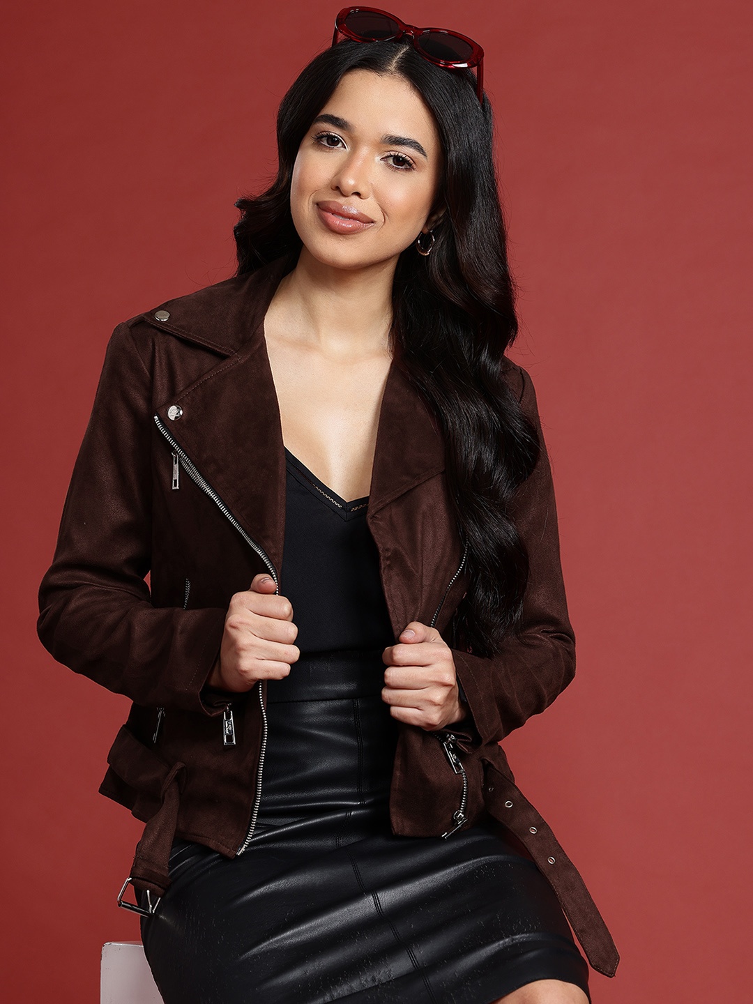 

Leather Retail Suede Biker Jacket With Belted Detail, Coffee brown