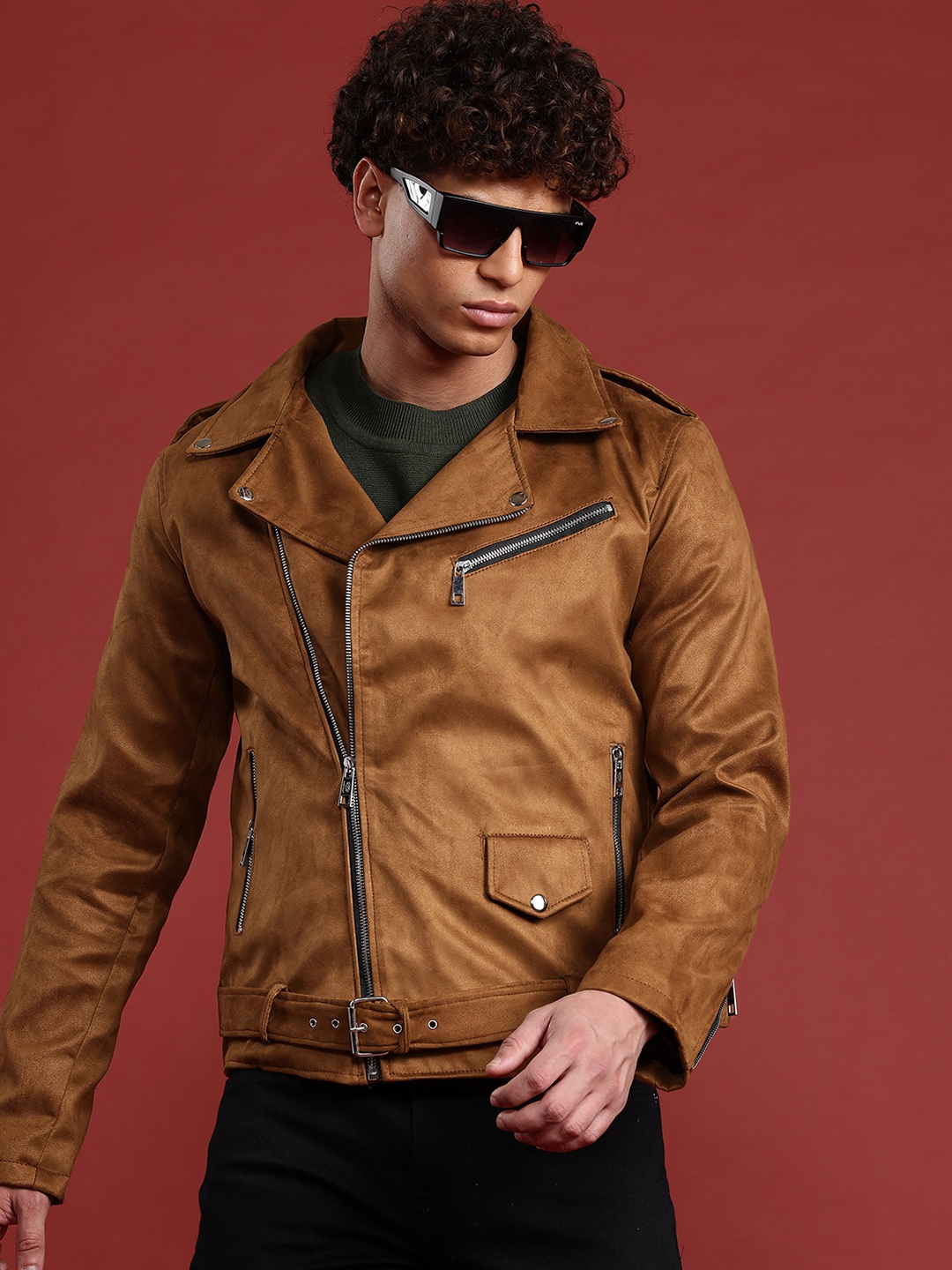 

Leather Retail Suede Biker Jacket With Belted Detail, Brown