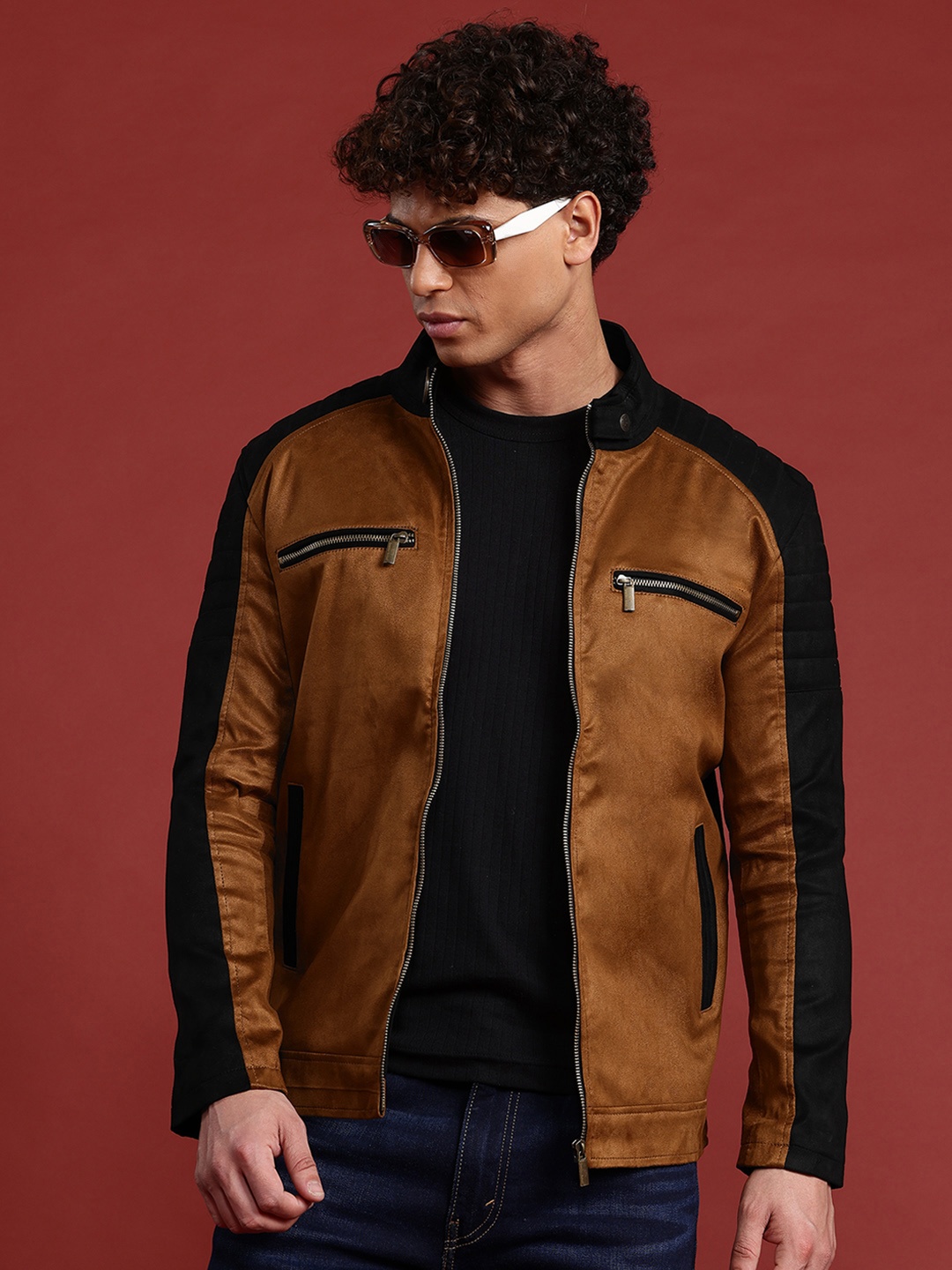 

Leather Retail Colourblocked Suede Biker Jacket with Quilted Detail, Brown