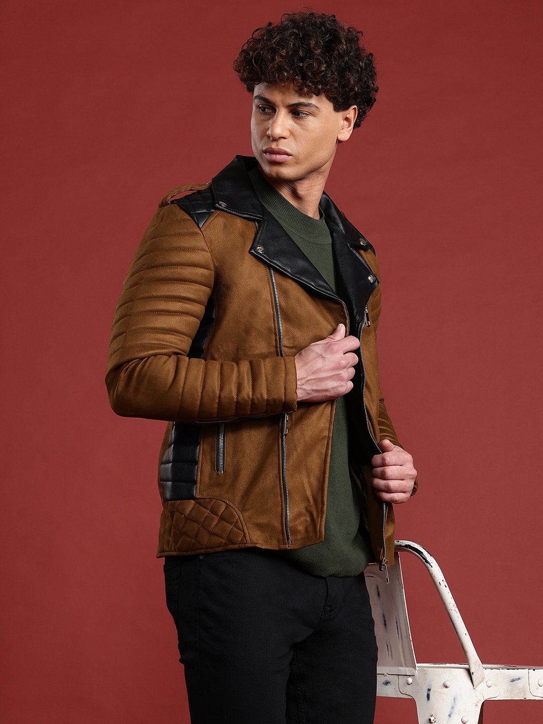 

Leather Retail Contrast Collar Suede Biker Jacket with Quilted Detail, Brown