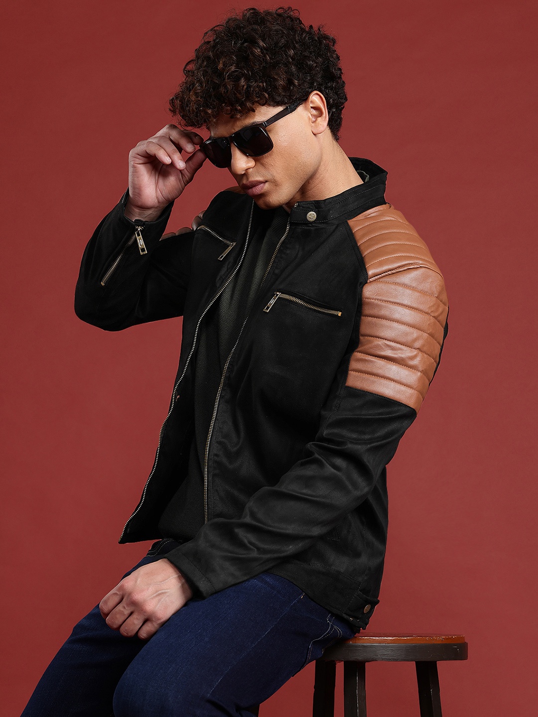 

Leather Retail Contrast Shoulder Suede Biker Jacket With Quilted Detail, Black