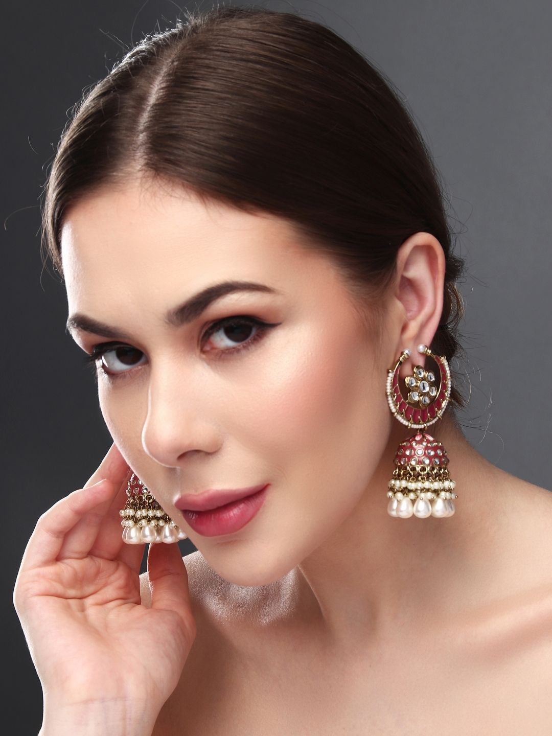 

Anvik Gold-Plated Stone Studded & Beaded Dome Shaped Meenakari Jhumkas, Maroon
