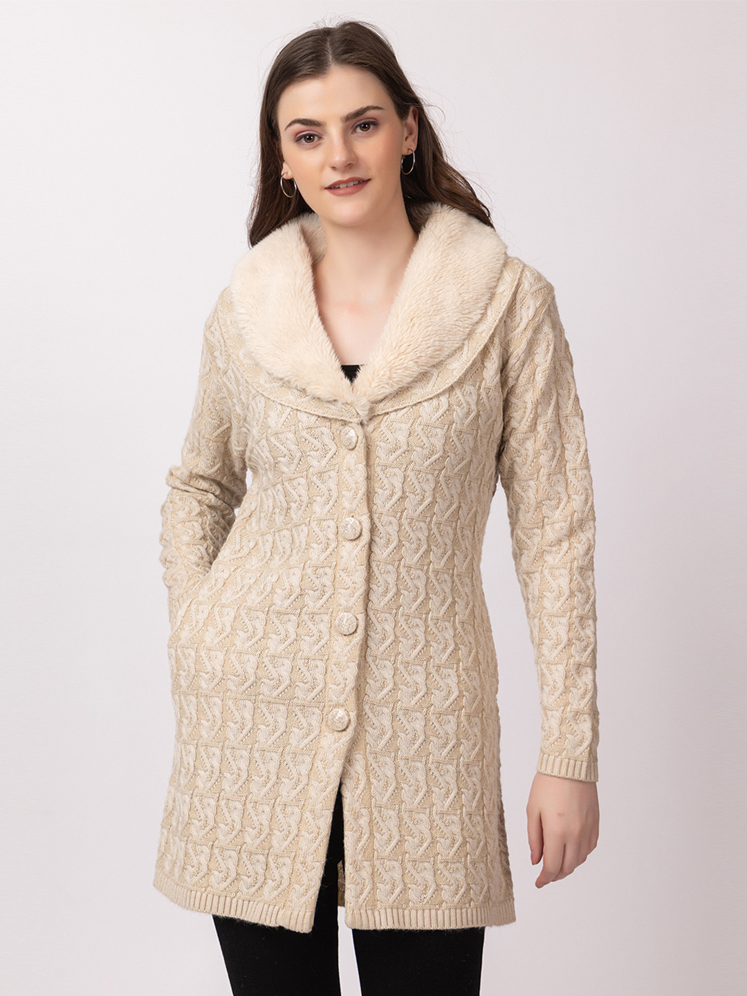 

TWENTY ME Women Cable Knit Longline Cardigan Button Closure Sweaters, Beige