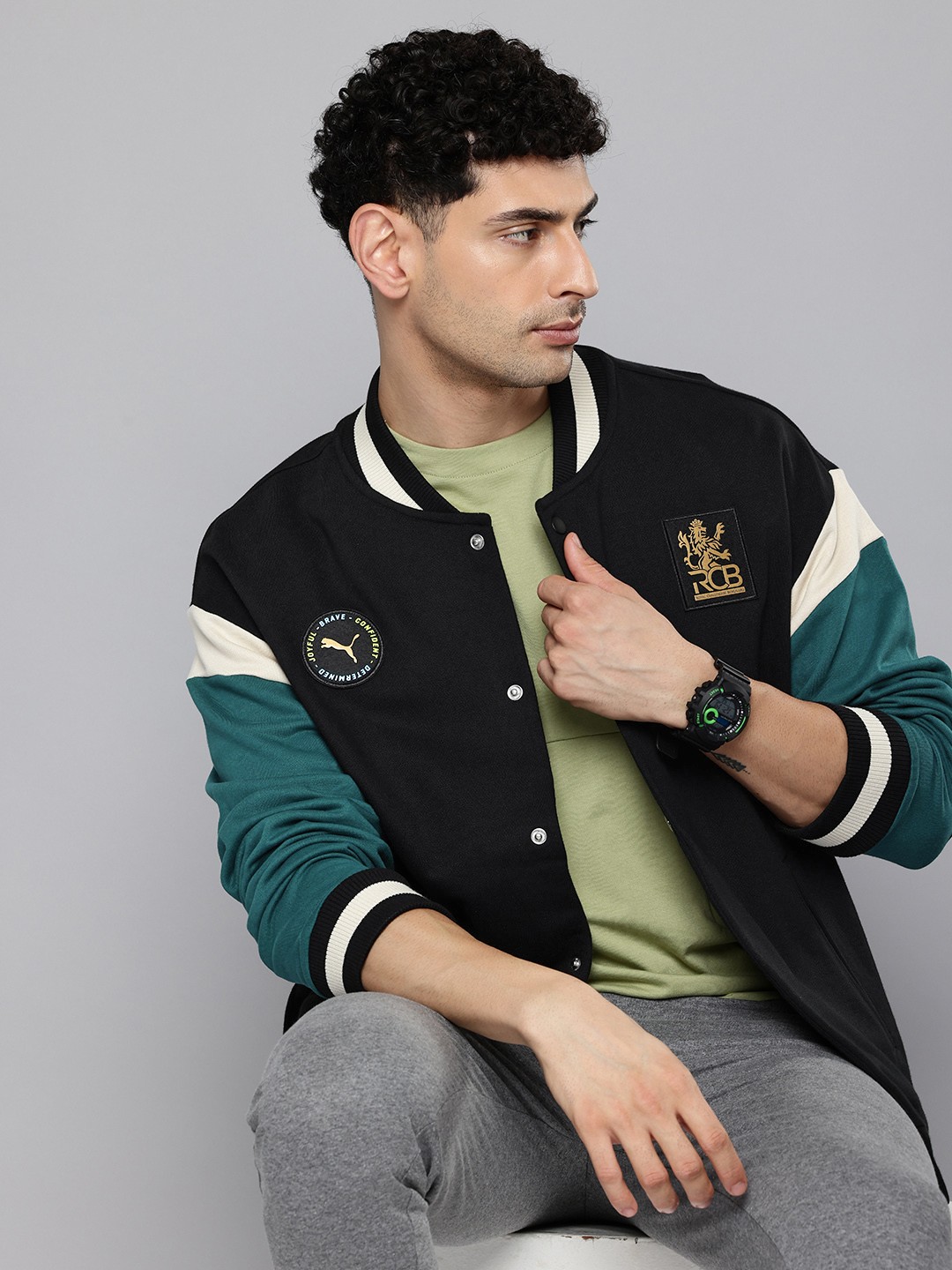 

Puma x RCB Brand Logo Patchwork Relaxed Fit Pure Cotton Varsity Jacket, Black