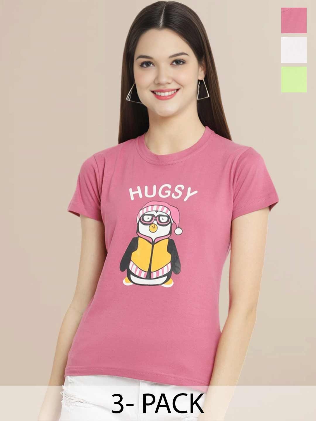 

Metronaut Women Pack Of 3 Typography Printed Round Neck Cotton T-shirts, Mauve