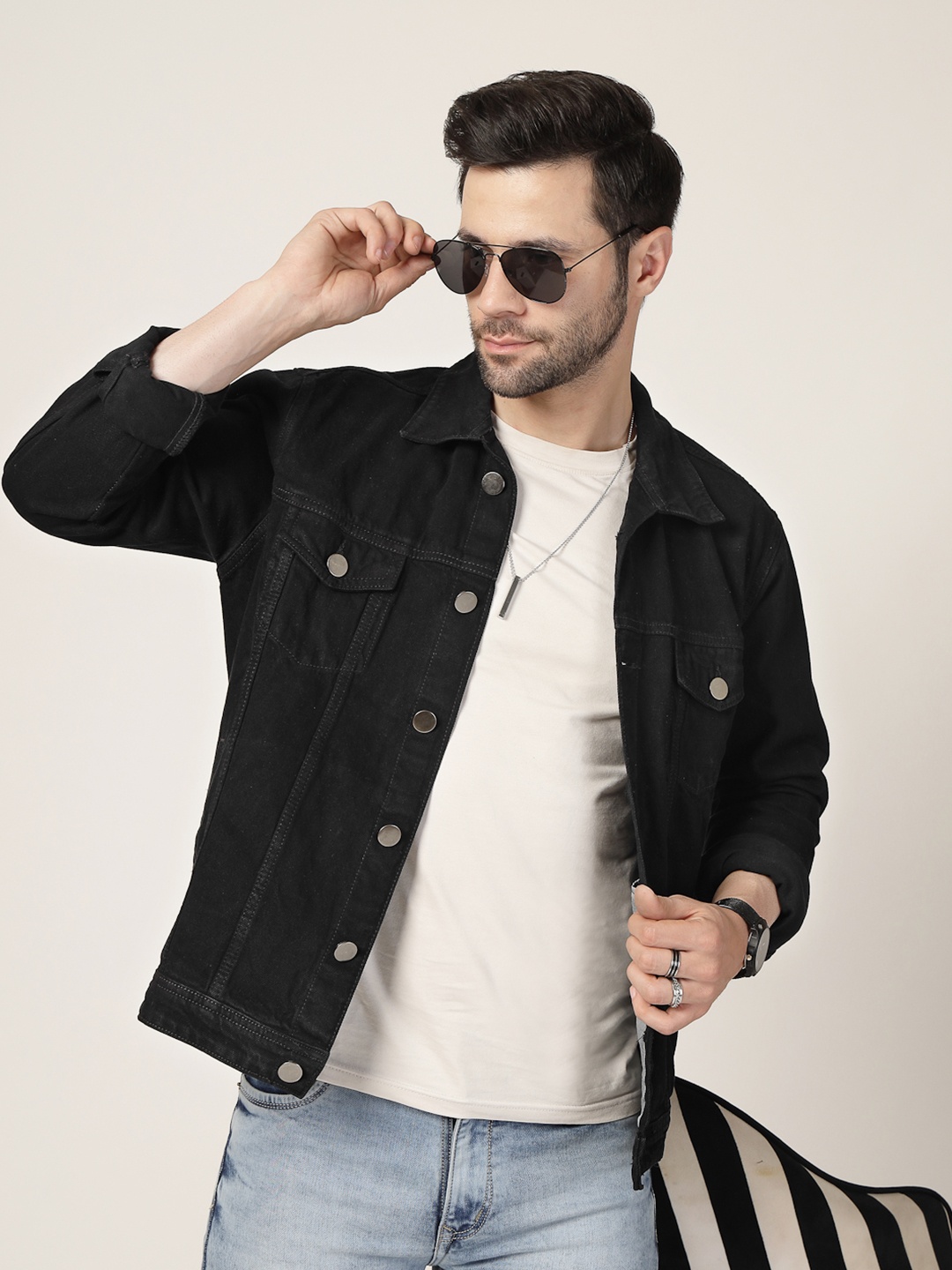 

Style Quotient Men Spread Collar Solid Cotton Casual Denim Jacket, Black