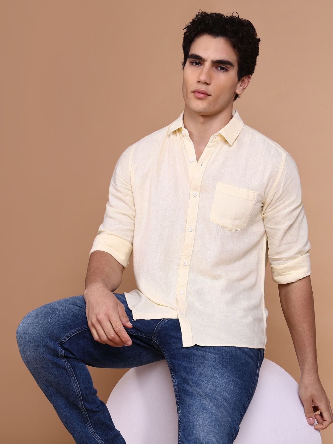 

SHOWOFF Men Comfort Spread Collar Solid Cotton Casual Shirt, Yellow