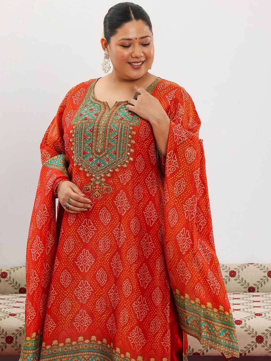 

EXTRA LOVE BY LIBAS Plus Size Bandhani Printed Straight Kurta with Trousers & Dupatta, Orange