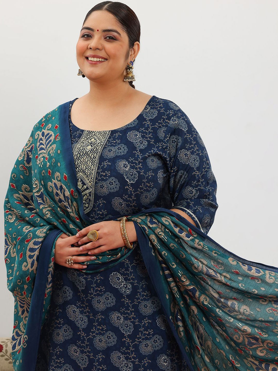 

EXTRA LOVE BY LIBAS Plus Size Floral Printed Gotta Patti Kurta with Trousers & Dupatta, Blue