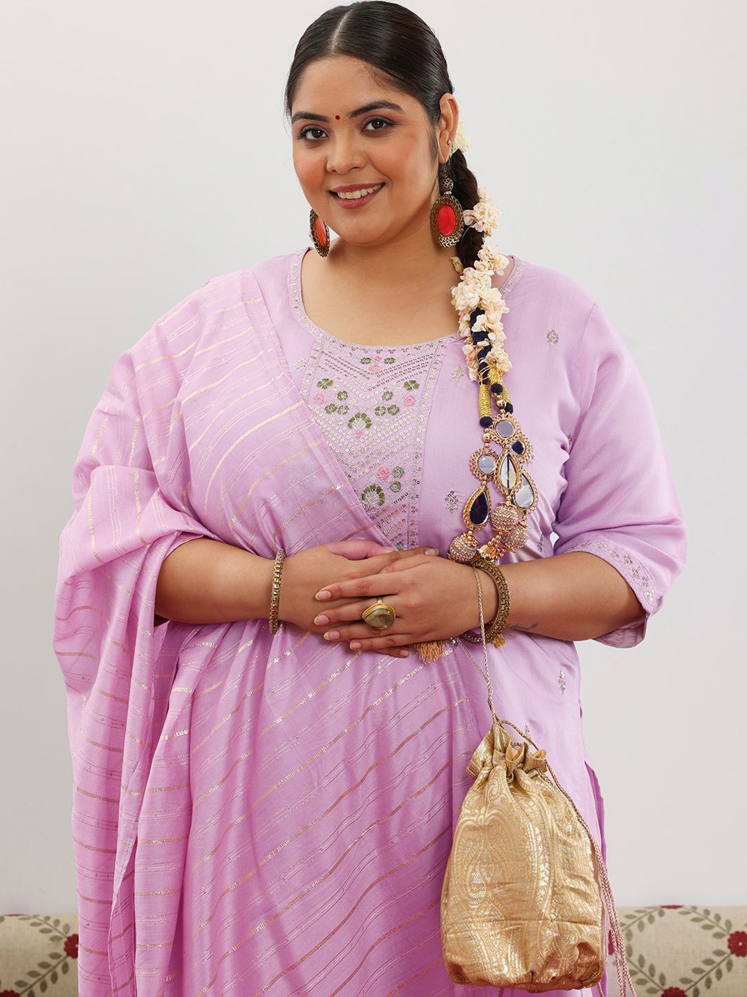 

EXTRA LOVE BY LIBAS Plus Size Floral Embroidered Sequinned Kurta & Trouser & Dupatta, Lavender