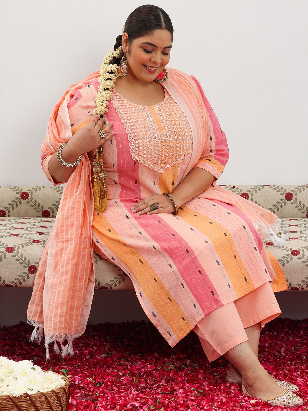 

EXTRA LOVE BY LIBAS Plus Size Ethnic Embroidered Straight Kurta with Trousers & Dupatta, Peach