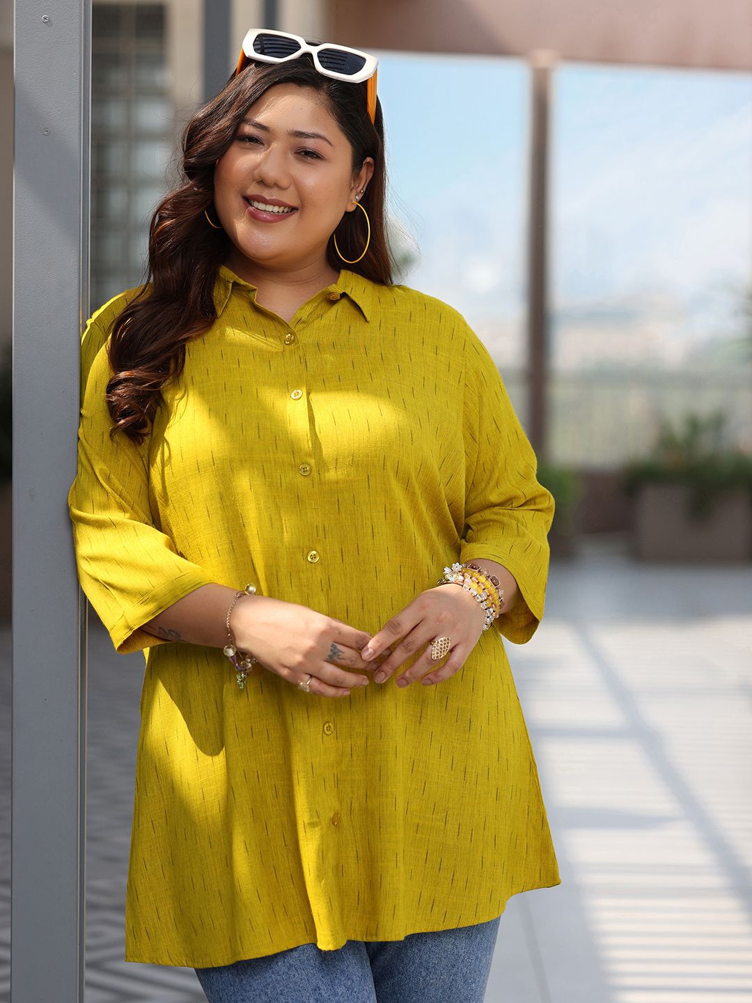 

EXTRA LOVE BY LIBAS Women Plus Size Shirt Collar Three Quarter Sleeves Tunics, Mustard