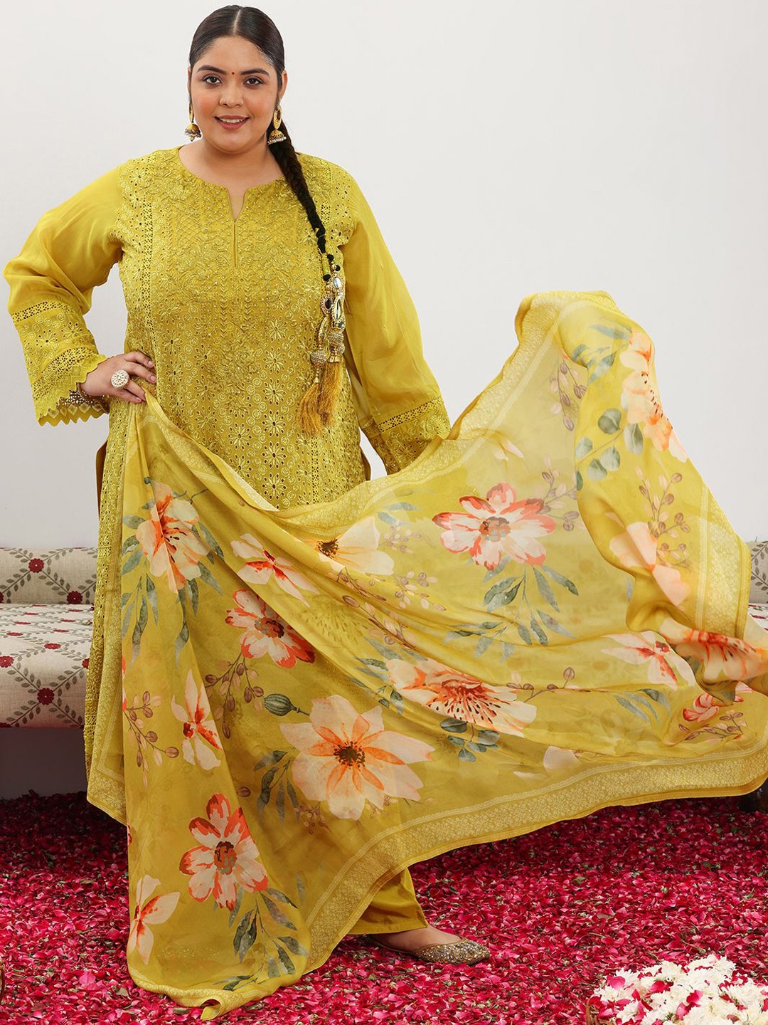 

EXTRA LOVE BY LIBAS Plus Size Floral Embroidered Organza Kurta With Trouser & Dupatta, Mustard