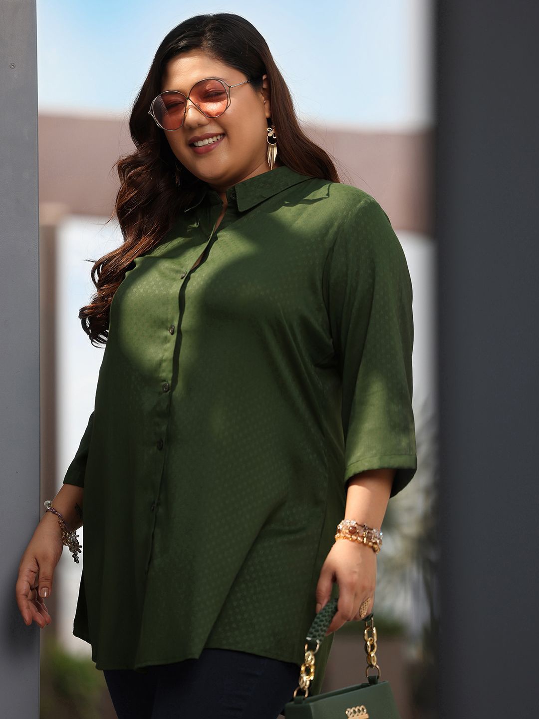 

EXTRA LOVE BY LIBAS Women Plus Size Woven Design Tunic, Green