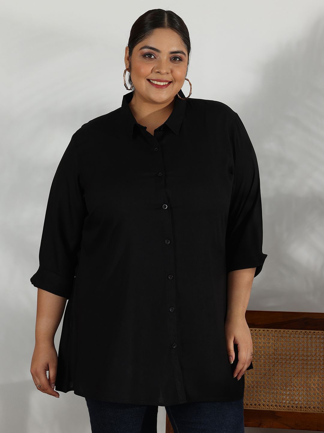 

EXTRA LOVE BY LIBAS Women Plus Size Shirt Collar A-line Tunic, Black