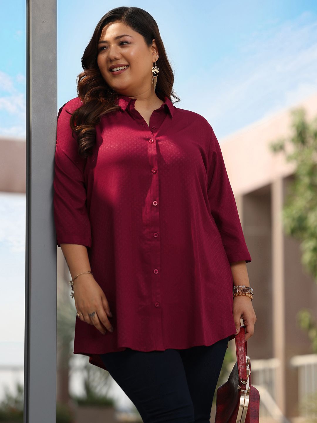 

EXTRA LOVE BY LIBAS Plus Size Woven Design Tunic, Maroon