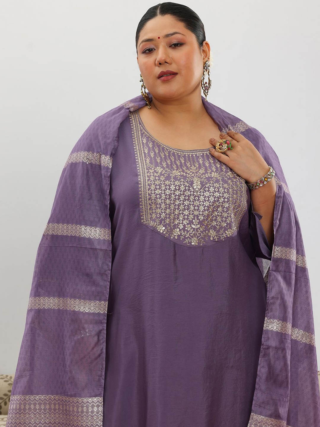 

EXTRA LOVE BY LIBAS Plus Size Floral Yoke Design Zari Straight Kurta & Salwar & Dupatta, Purple