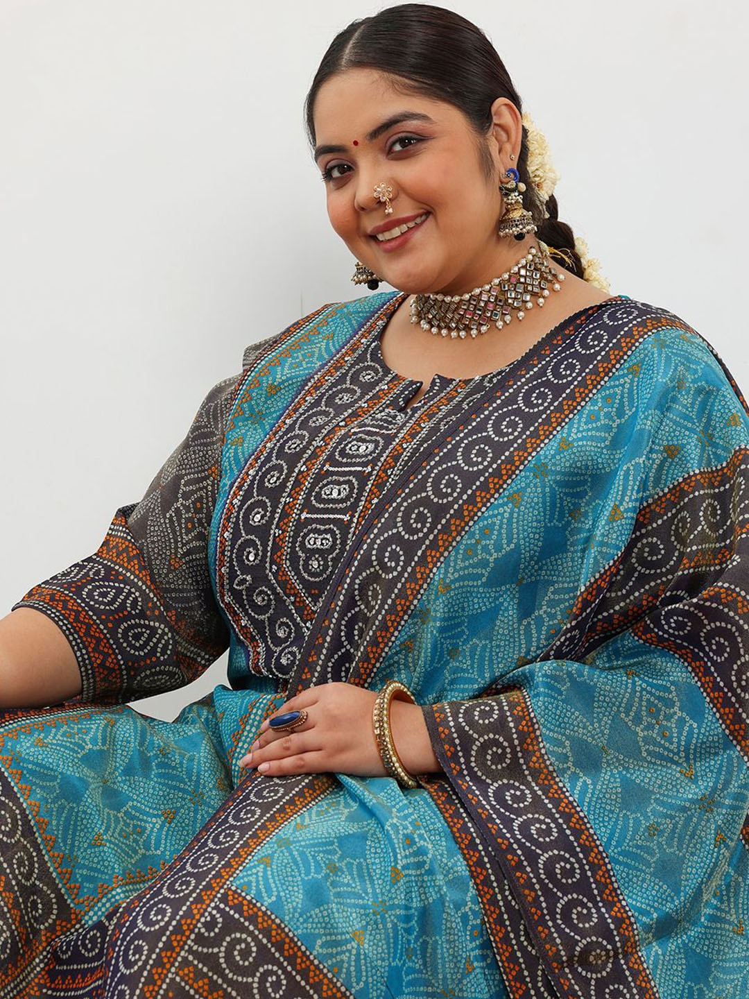 

EXTRA LOVE BY LIBAS Plus Size Bandhani Printed Straight Kurta with Trousers & Dupatta, Blue